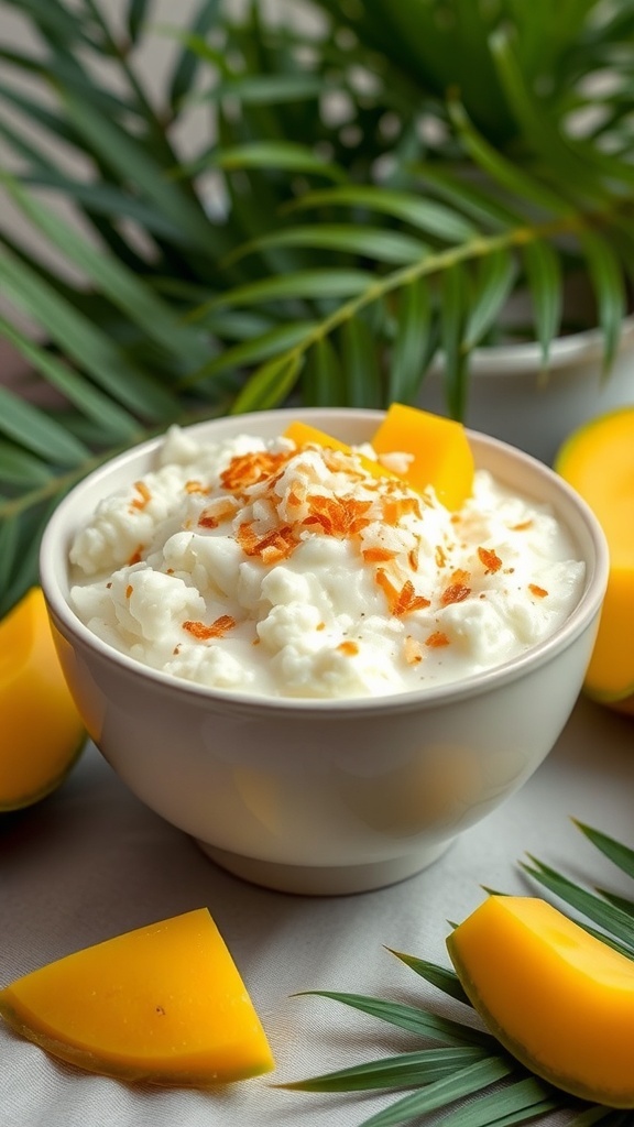 A bowl of coconut milk rice pudding topped with mango and coconut flakes, surrounded by tropical leaves.