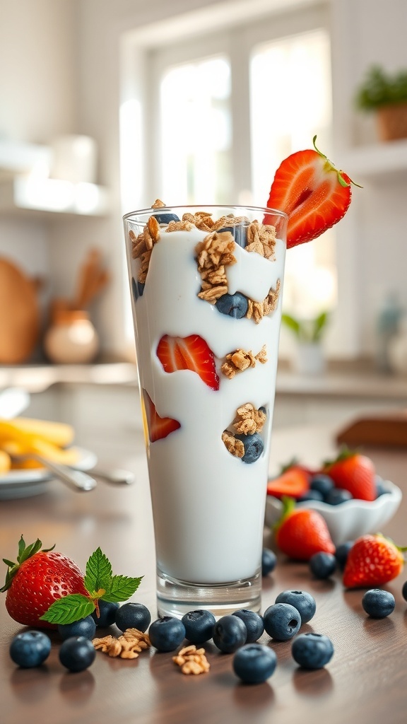 A refreshing coconut yogurt parfait with layers of yogurt, strawberries, blueberries, and granola in a tall glass.