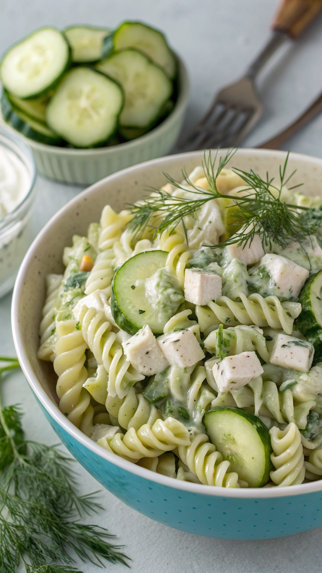 A bowl of cucumber and dill pasta salad with rotini pasta, fresh vegetables, and a creamy dressing.