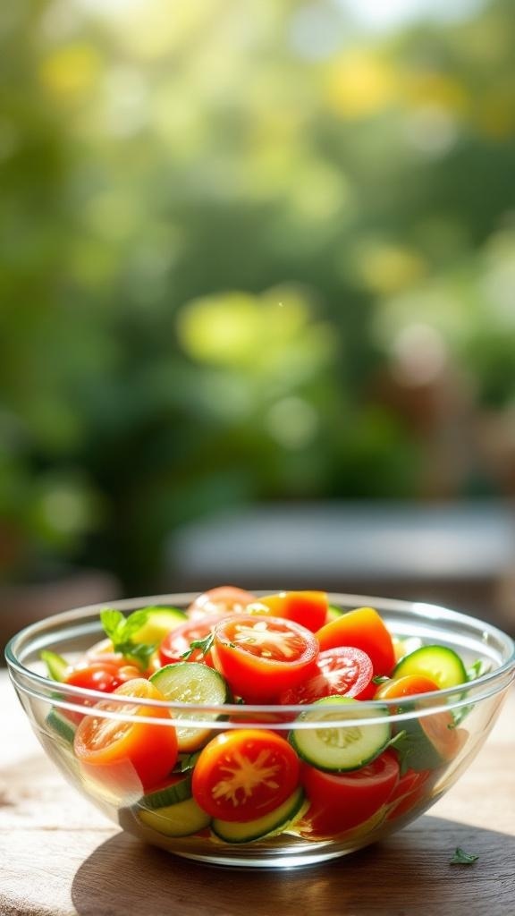 A bowl of cucumber and tomato salad with fresh herbs