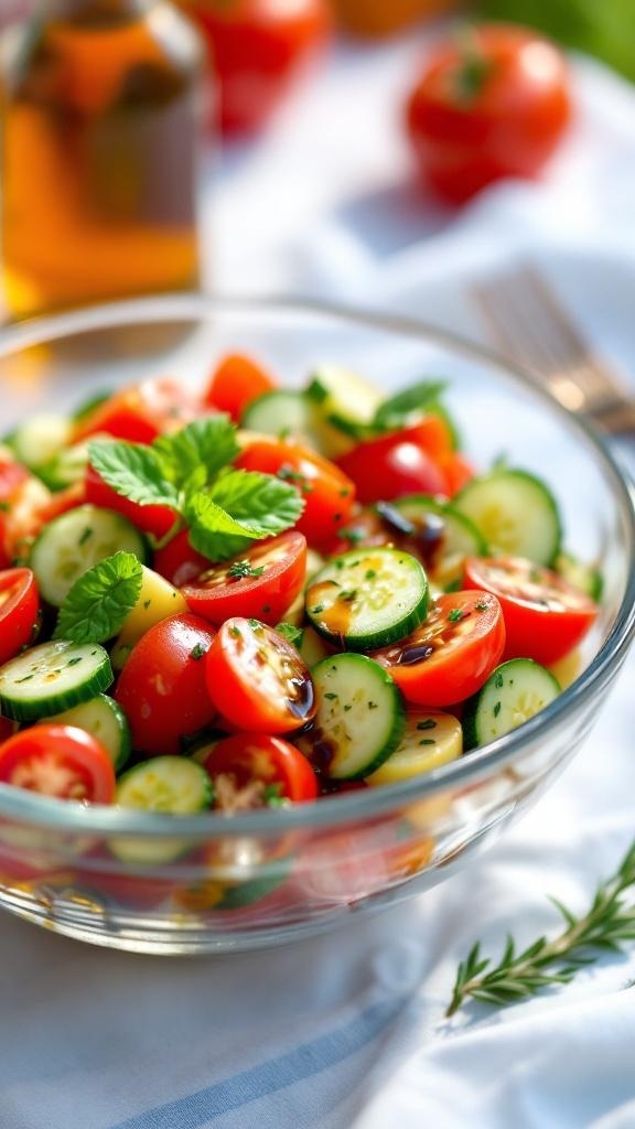 A vibrant cucumber and tomato salad in a glass bowl, garnished with fresh herbs.