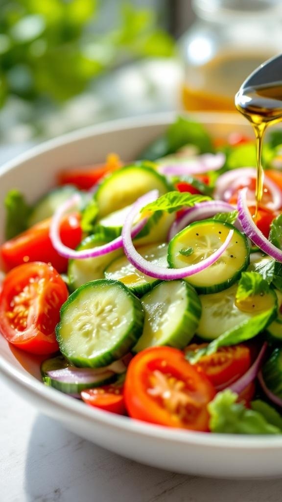 A bowl of cucumber and tomato salad with red onion and a drizzle of olive oil