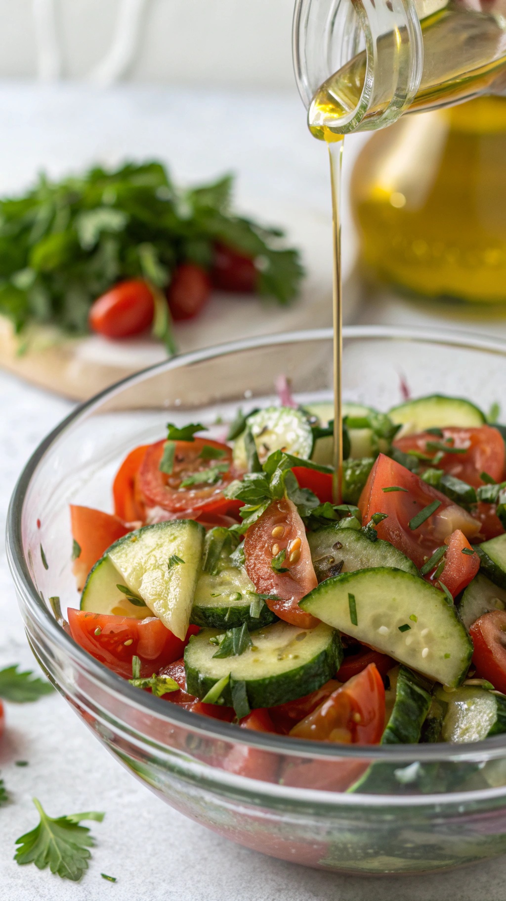 A bowl of cucumber and tomato salad being drizzled with olive oil, surrounded by fresh herbs and tomatoes.