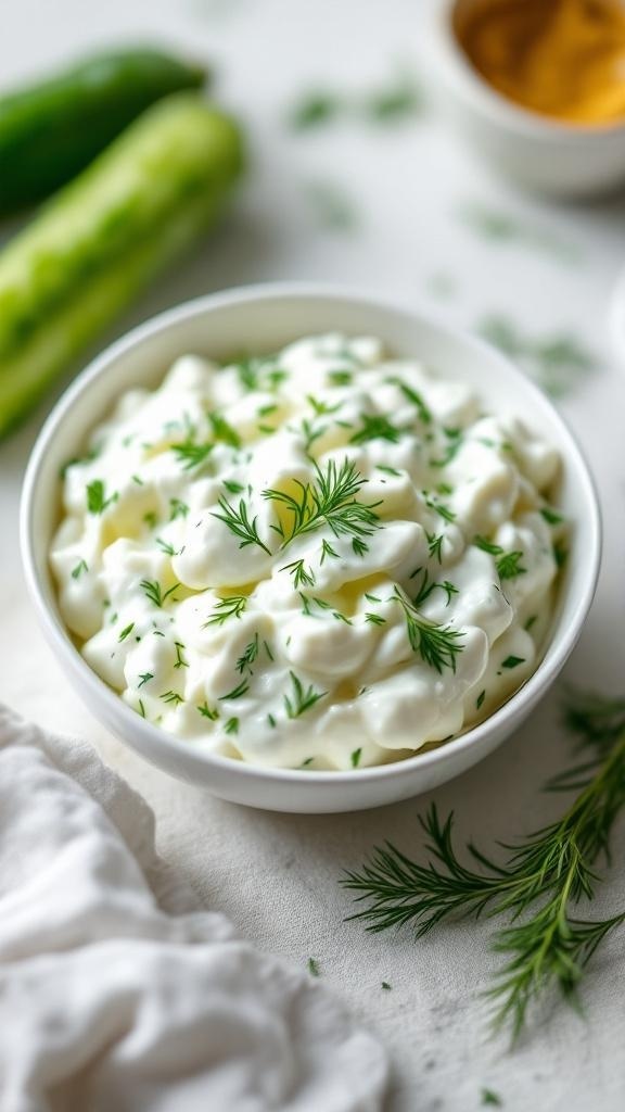 A bowl of cucumber and yogurt salad garnished with fresh dill, surrounded by cucumbers and a light cloth.