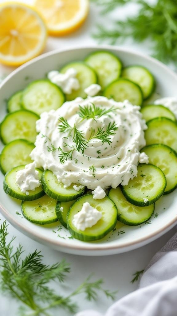 Cucumber slices topped with creamy feta spread and garnished with herbs