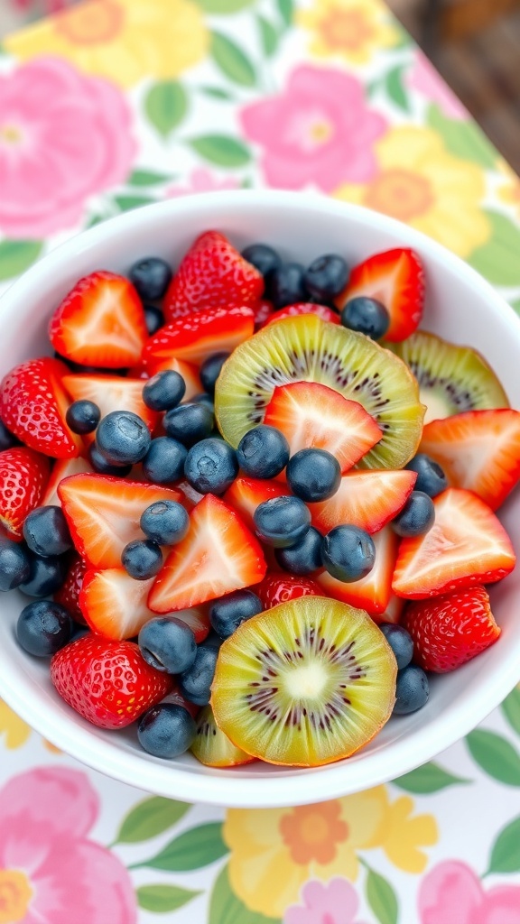 A bowl of fresh fruit salad with strawberries, blueberries, and kiwi on a colorful floral background.