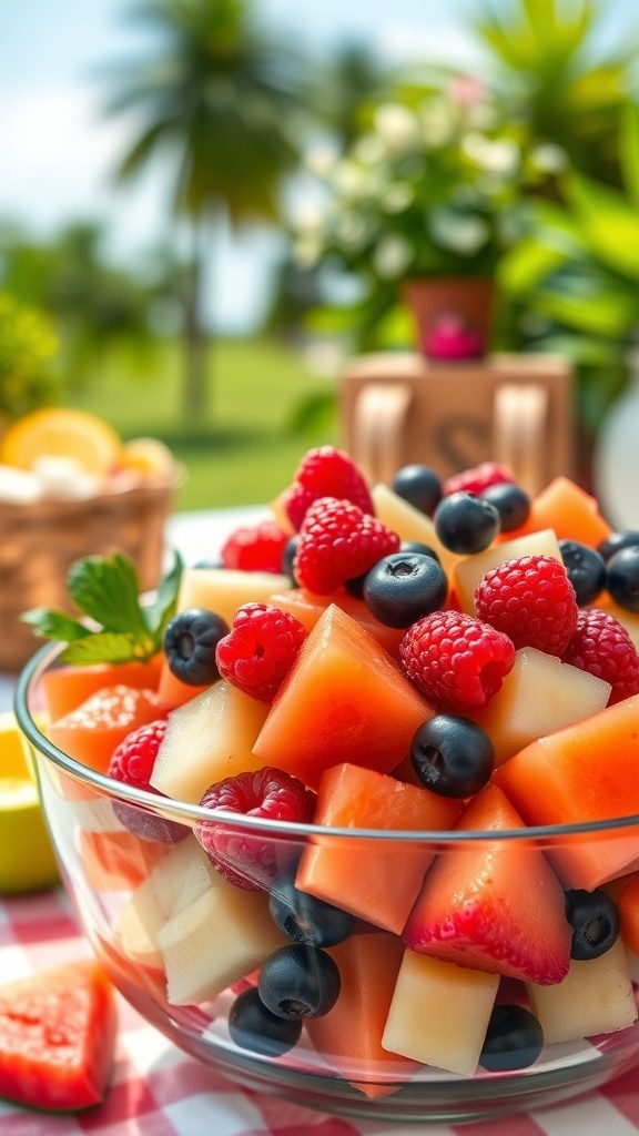 A colorful bowl of fruit salad with watermelon, cantaloupe, strawberries, blueberries, and raspberries, garnished with mint leaves.
