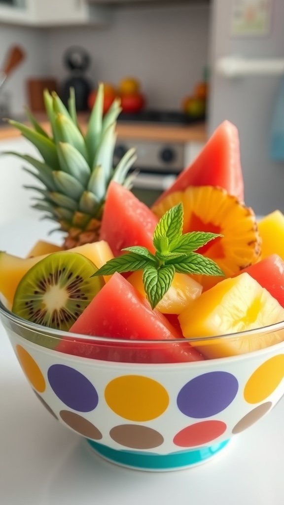 A colorful bowl of fresh fruit salad with watermelon, pineapple, kiwi, and mint leaves.