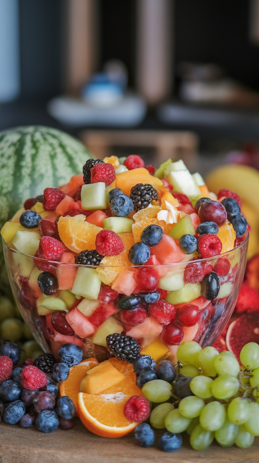 A colorful fruit salad displayed in a bowl, featuring various fruits like watermelon, strawberries, and blueberries, set on a picnic table.