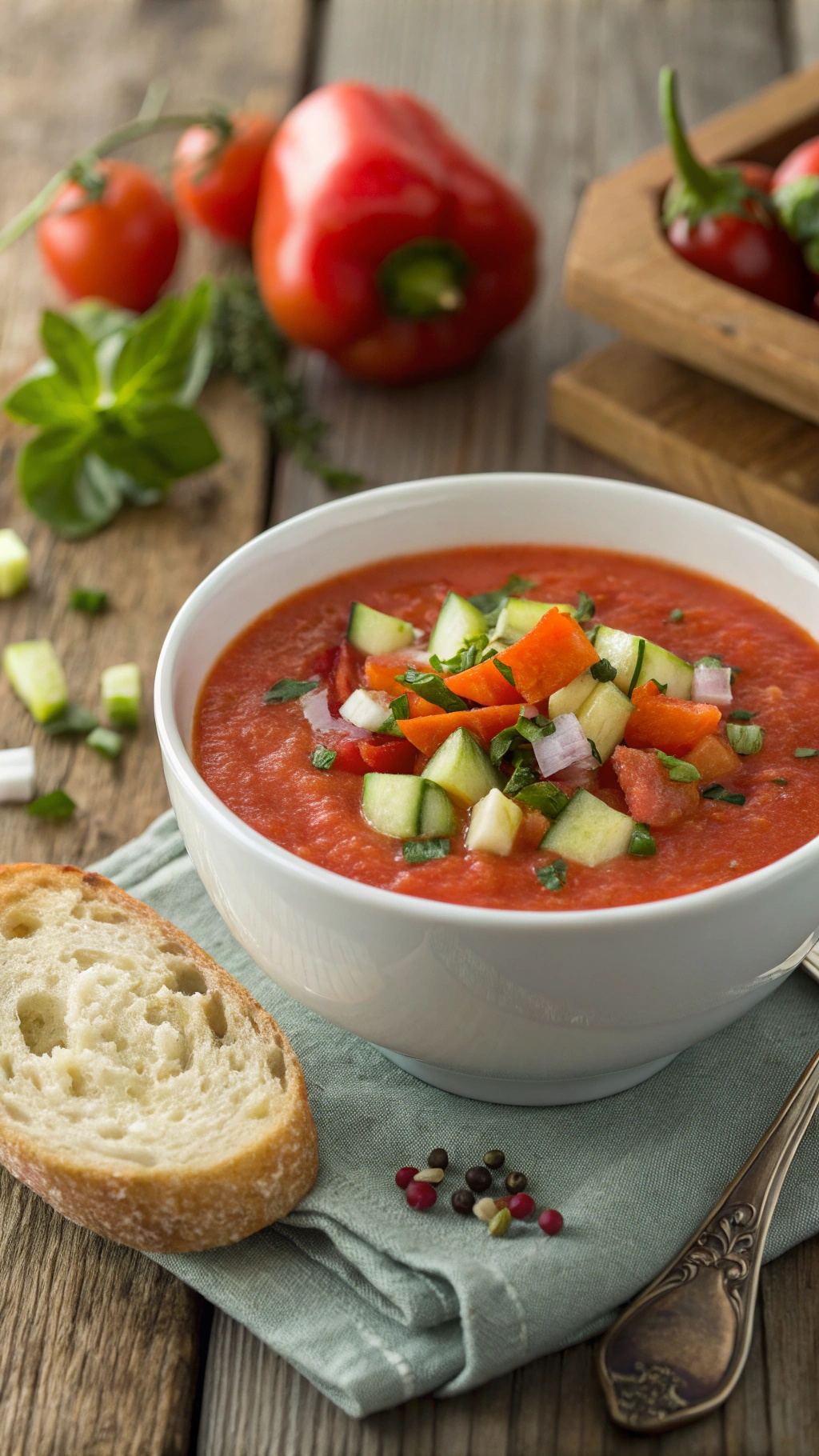 A bowl of gazpacho topped with diced vegetables, accompanied by a slice of bread.
