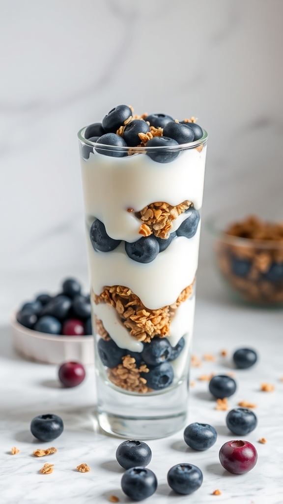 A refreshing Greek yogurt parfait with layers of yogurt, granola, and blueberries in a tall glass.