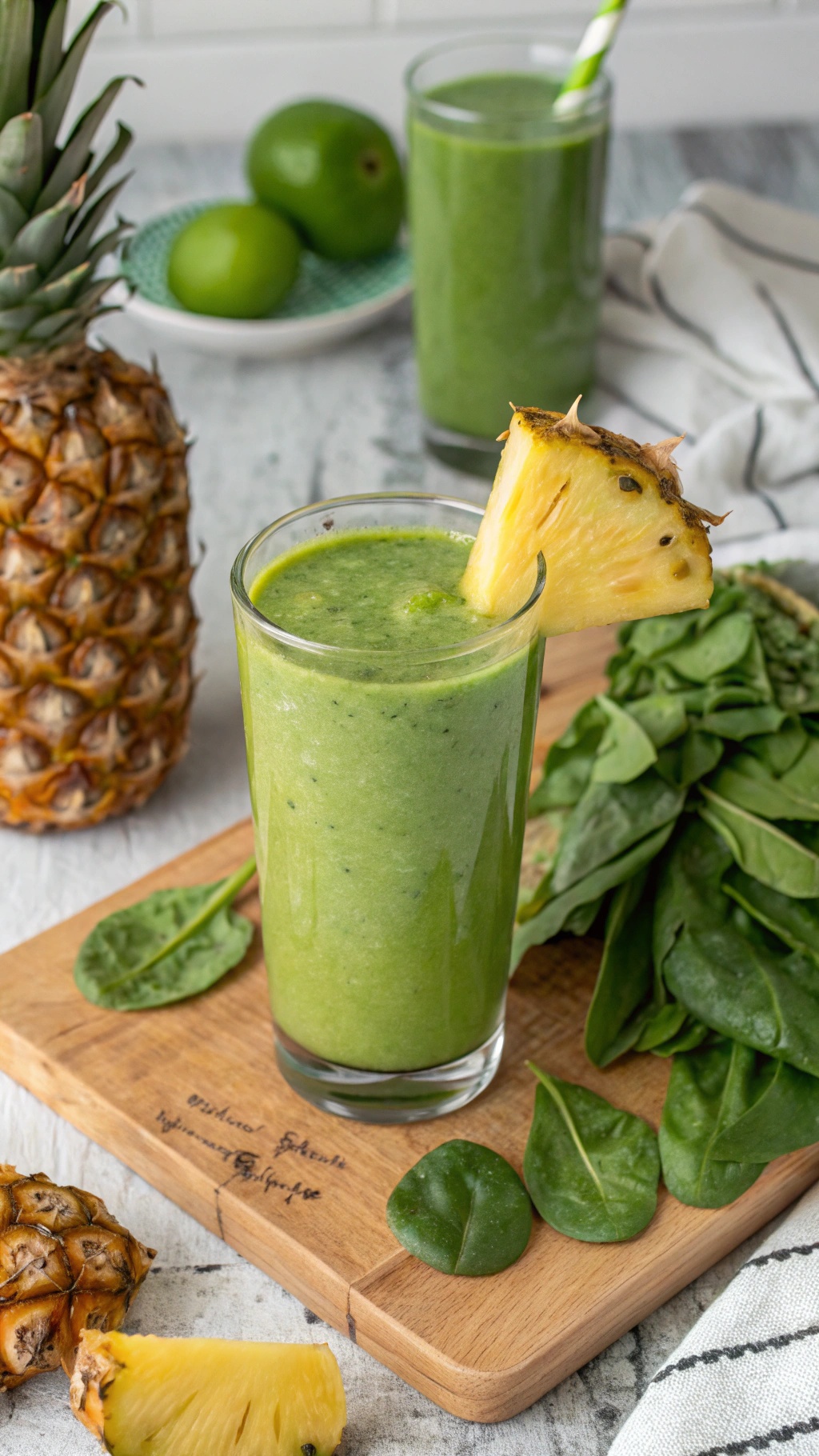 A refreshing green pineapple spinach smoothie in a glass with a slice of pineapple on the rim, surrounded by fresh spinach leaves and a whole pineapple.