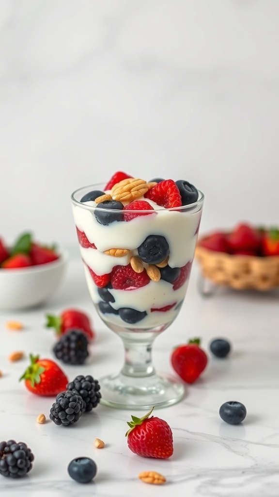 A refreshing keto berry parfait with layers of yogurt, strawberries, blueberries, and blackberries topped with nuts.