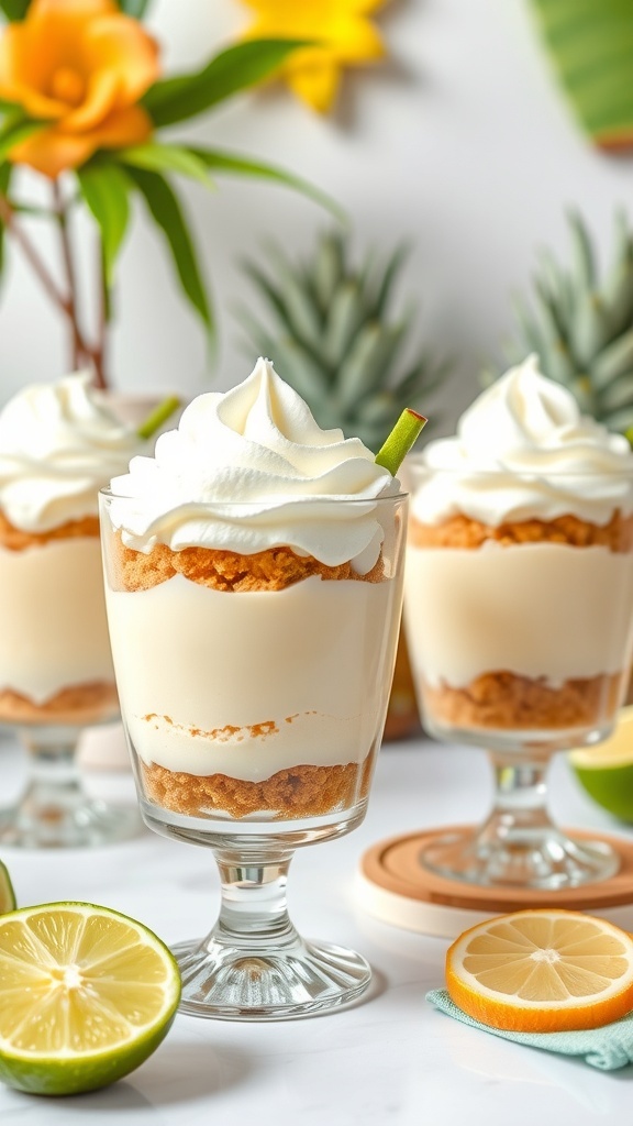 Key Lime Pie Parfaits in elegant glasses with whipped cream and lime slices