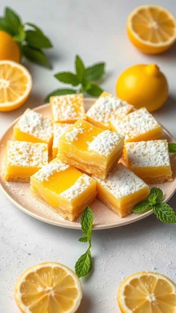 A plate of lemon bars dusted with powdered sugar, surrounded by fresh lemons and mint leaves.