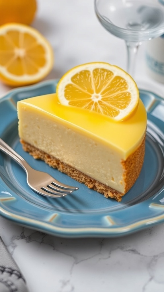 A refreshing lemon cheesecake topped with lemon slices, placed on an orange plate with a basket of lemons in the background.