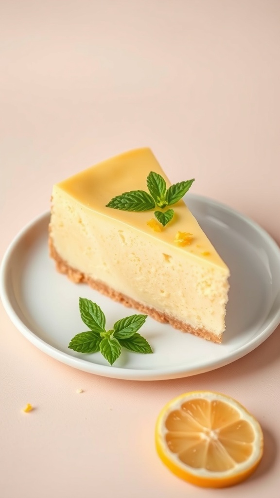 A slice of refreshing lemon cheesecake garnished with mint leaves and a lemon slice on a white plate.