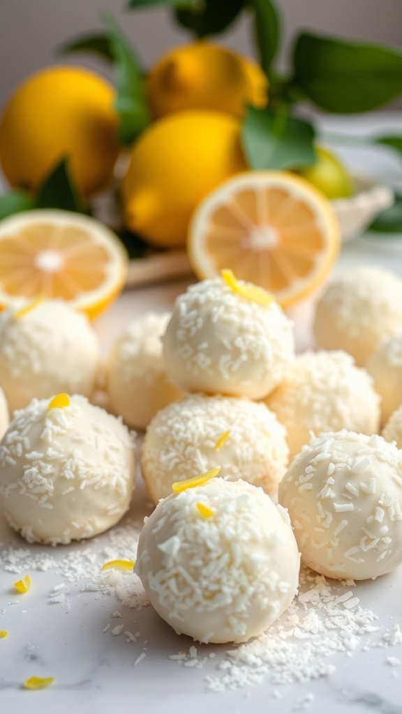Lemon Coconut Bliss Balls with fresh lemons in the background