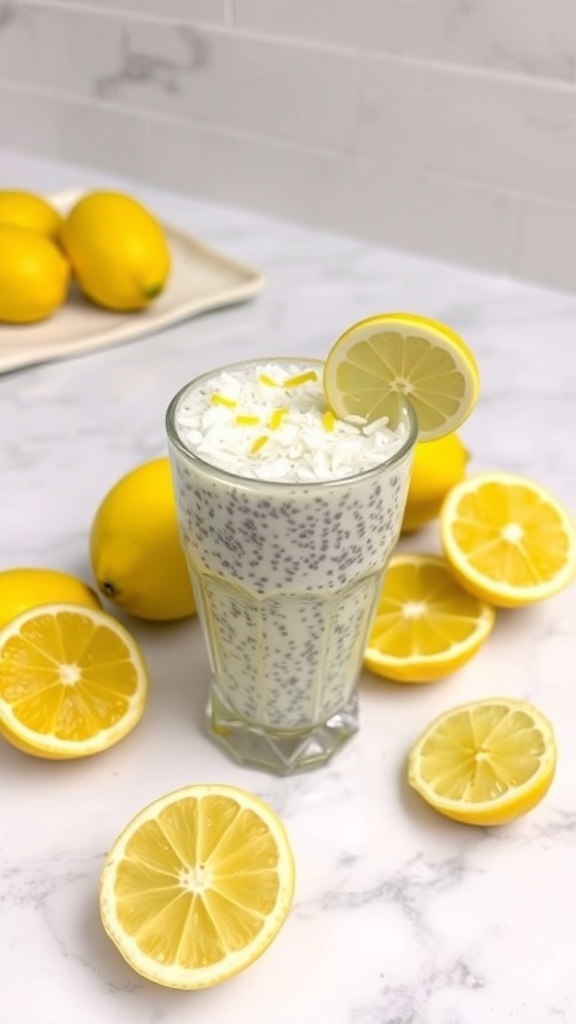 A glass of lemon coconut chia pudding garnished with lemon slices, surrounded by fresh lemons.