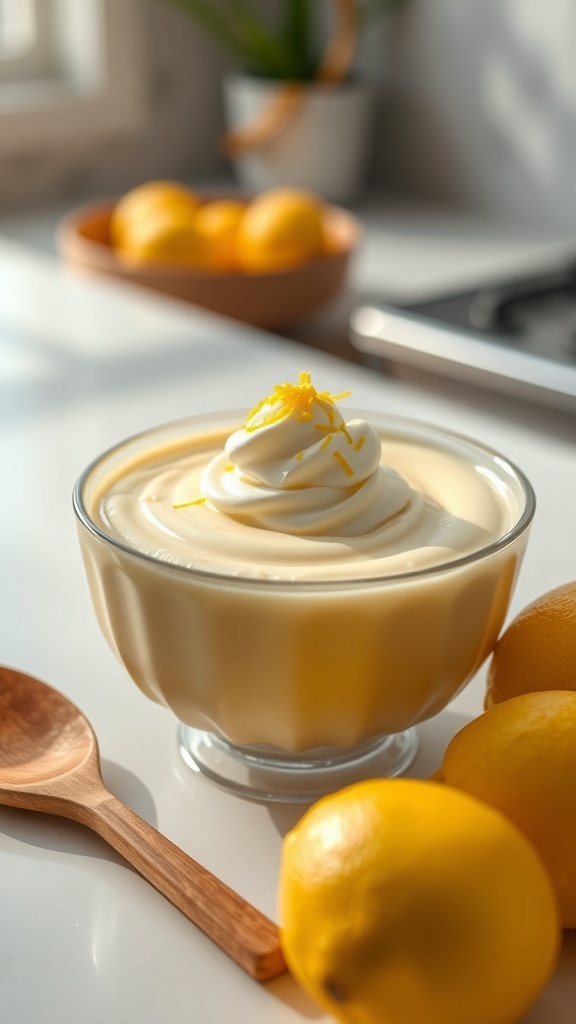 A bowl of lemon pudding topped with whipped cream and lemon zest, with fresh lemons beside it.