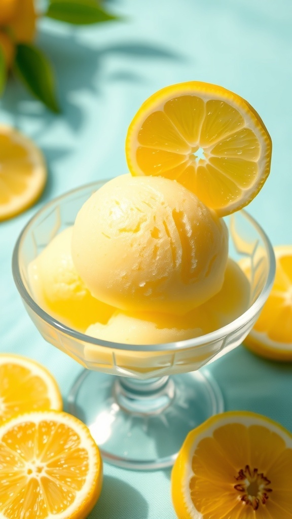 A refreshing lemon sorbet served in a glass, garnished with lemon slices and mint leaves.