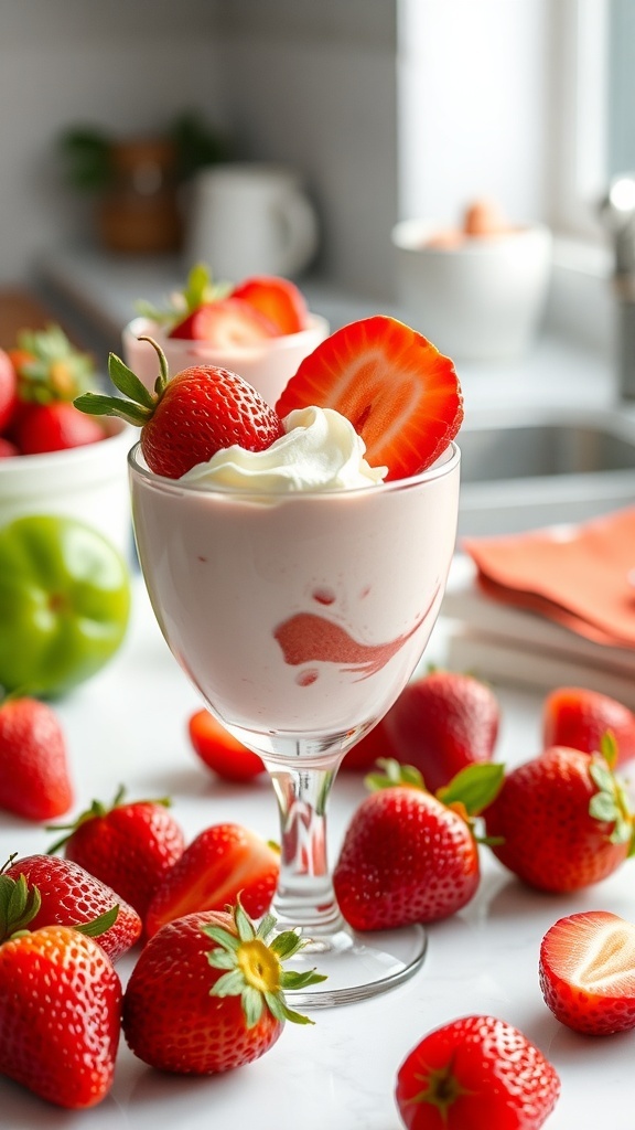 A glass of strawberry mousse topped with strawberries and whipped cream, surrounded by fresh strawberries.