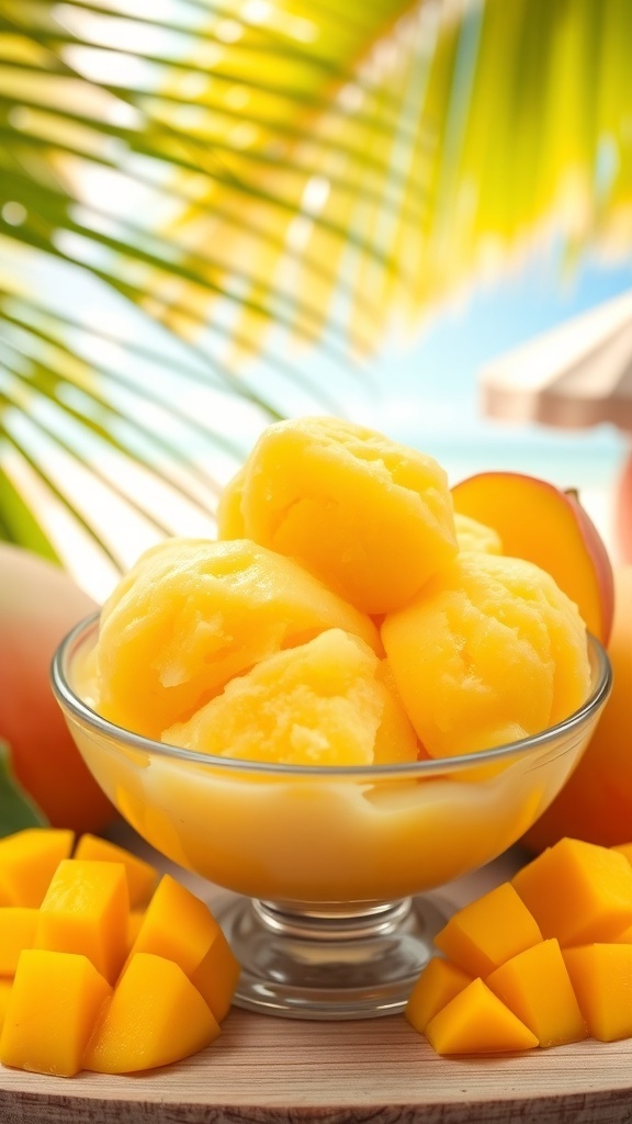 A bowl of mango sorbet garnished with mint leaves, set against a tropical backdrop.