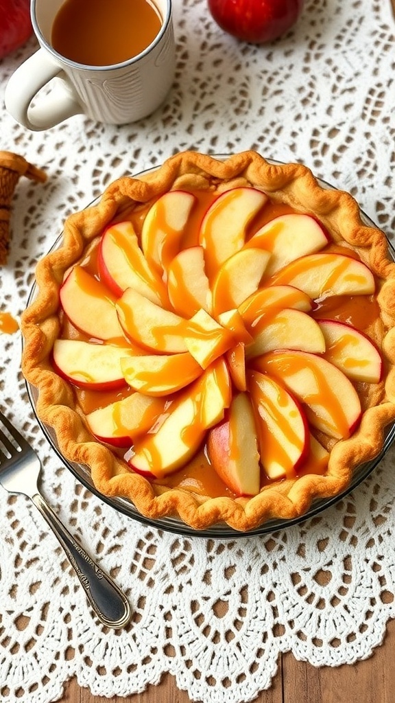 A no-bake apple pie with caramel sauce on top, displayed on a lace tablecloth.