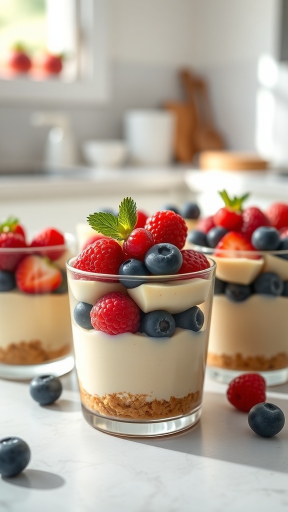 No-bake berry cheesecake cups with fresh strawberries, blueberries, and raspberries, garnished with mint leaves.