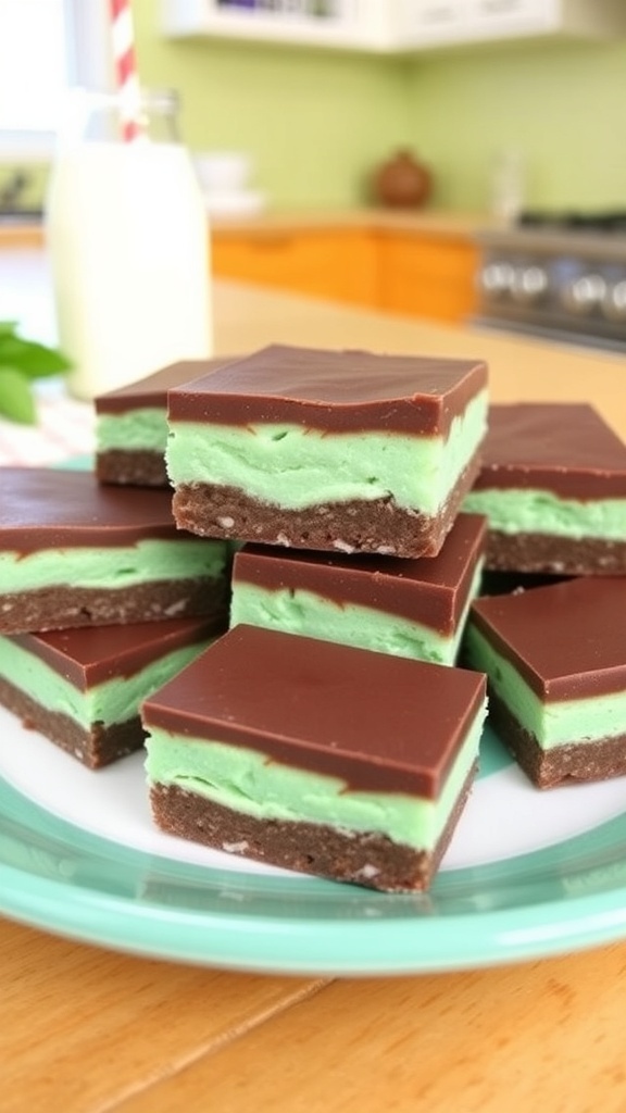 No-bake chocolate mint bars stacked on a plate, garnished with mint leaves.