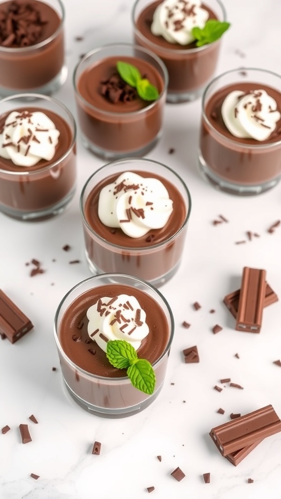 No-bake chocolate mousse cups topped with whipped cream and chocolate shavings