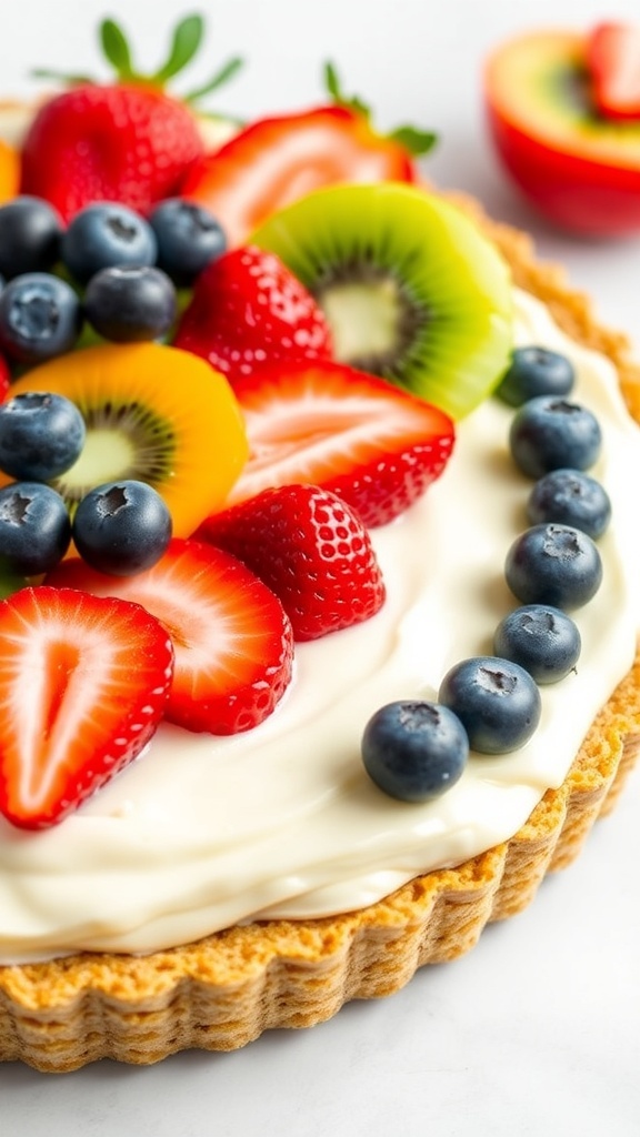 A colorful no-bake fruit tart topped with strawberries, blueberries, kiwi, and mint leaves on a white plate.