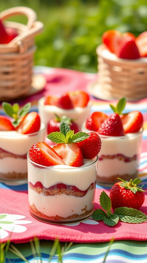 No-bake strawberry cheesecake cups with fresh strawberries and mint leaves
