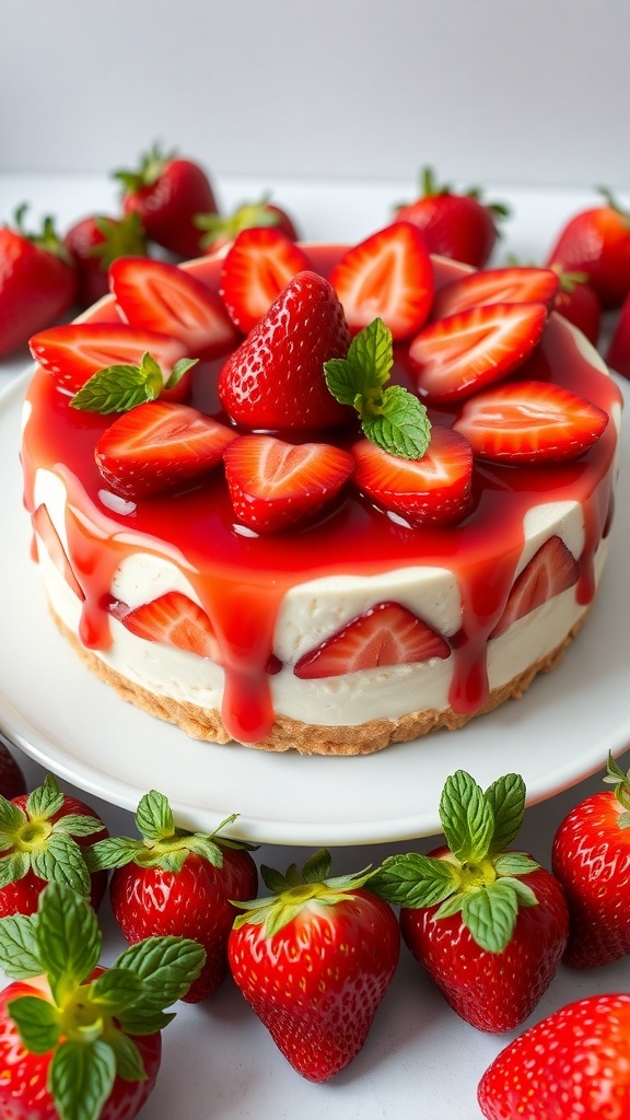 A no-bake strawberry cheesecake topped with fresh strawberries and glaze, surrounded by whole strawberries.
