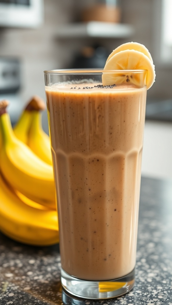 A refreshing peanut butter banana smoothie in a tall glass with a banana slice on top, with bananas in the background.
