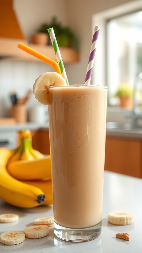 A refreshing peanut butter smoothie in a tall glass with colorful straws, surrounded by fresh bananas.