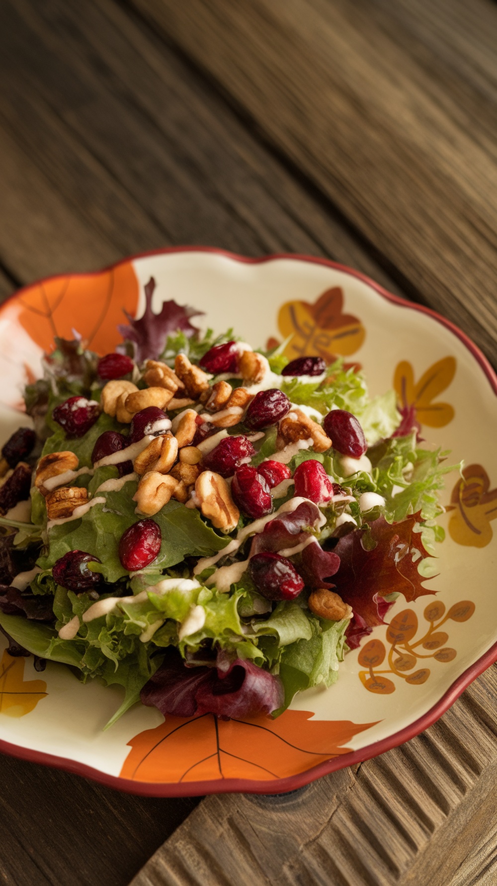 A colorful salad with mixed greens, cranberries, walnuts, and feta cheese on a decorative plate.