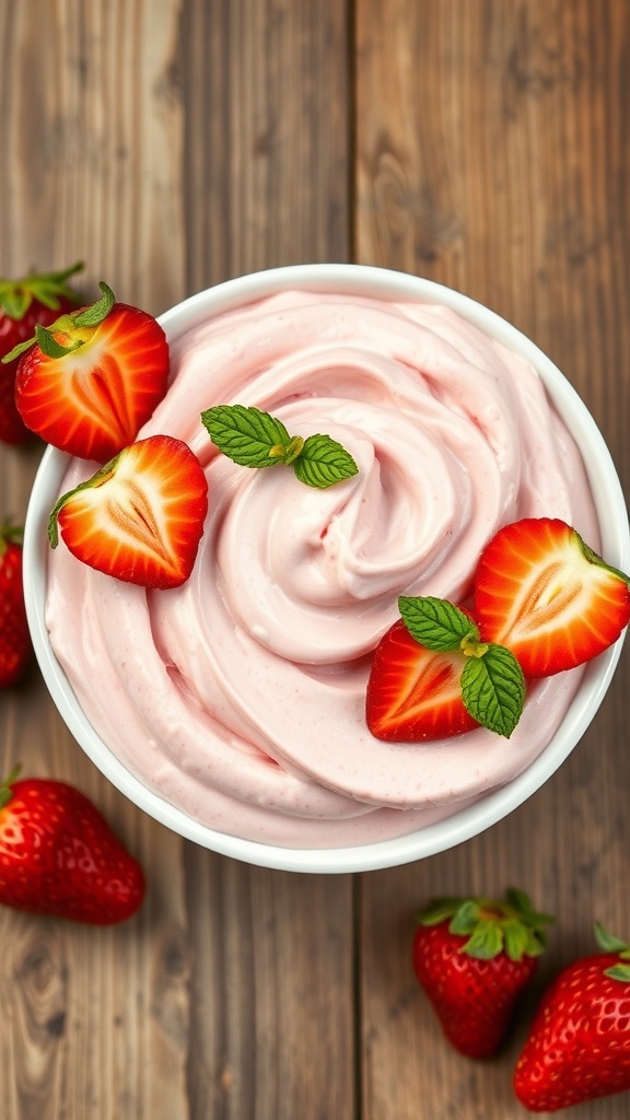 A bowl of strawberry banana nice cream topped with fresh strawberries and mint leaves.