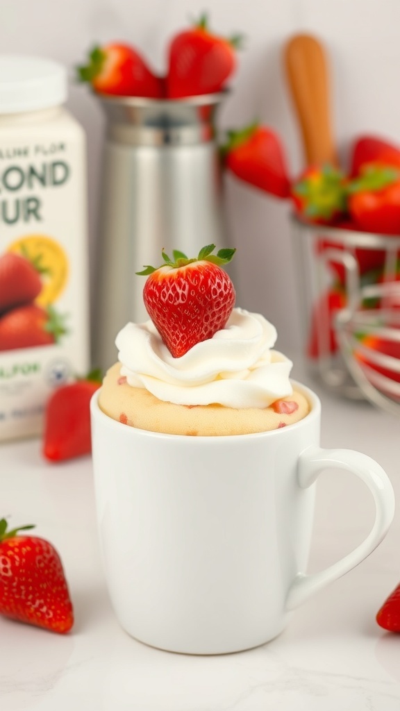 A delicious keto strawberry mug cake topped with whipped cream and a fresh strawberry, surrounded by strawberries and almond flour.