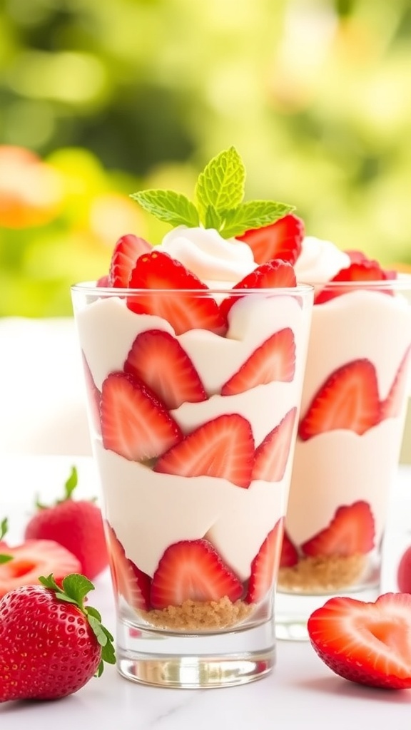 Strawberry No-Bake Cheesecake Parfaits in glasses with fresh strawberries and mint garnish