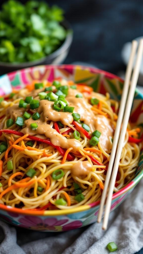 A colorful bowl of Thai peanut noodle salad topped with green onions and peanut sauce, with fresh cilantro in the background.