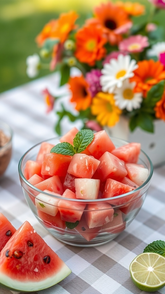 A bowl of refreshing watermelon fruit salad with mint, surrounded by colorful flowers.