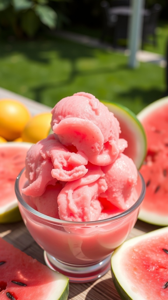 A bowl of watermelon sorbet garnished with mint leaves, surrounded by fresh watermelon slices.