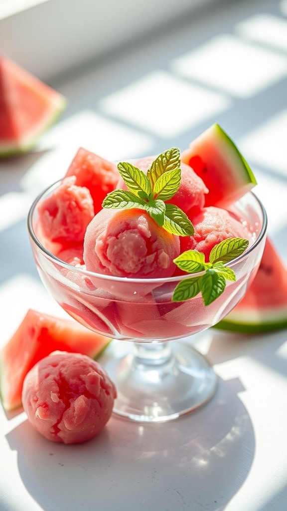 A bowl of watermelon sorbet garnished with mint leaves, surrounded by watermelon slices.