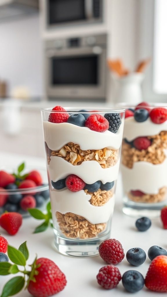 A refreshing yogurt and berry parfait in a glass, layered with yogurt, granola, and mixed berries.