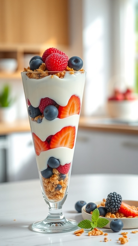 A refreshing yogurt parfait with layers of yogurt, granola, and seasonal fruits, garnished with mint leaves.