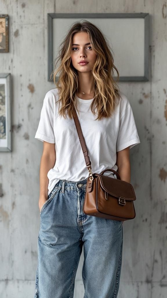 A model wearing a white t-shirt and relaxed denim jeans, holding a brown crossbody bag.