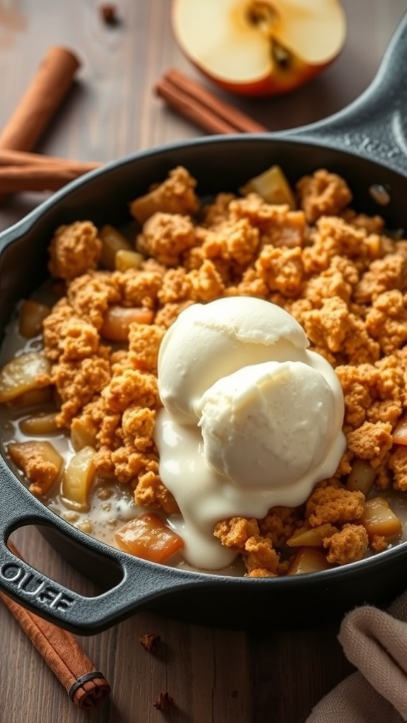 A warm apple crisp topped with vanilla ice cream, served in a cast iron skillet with cinnamon sticks in the background.