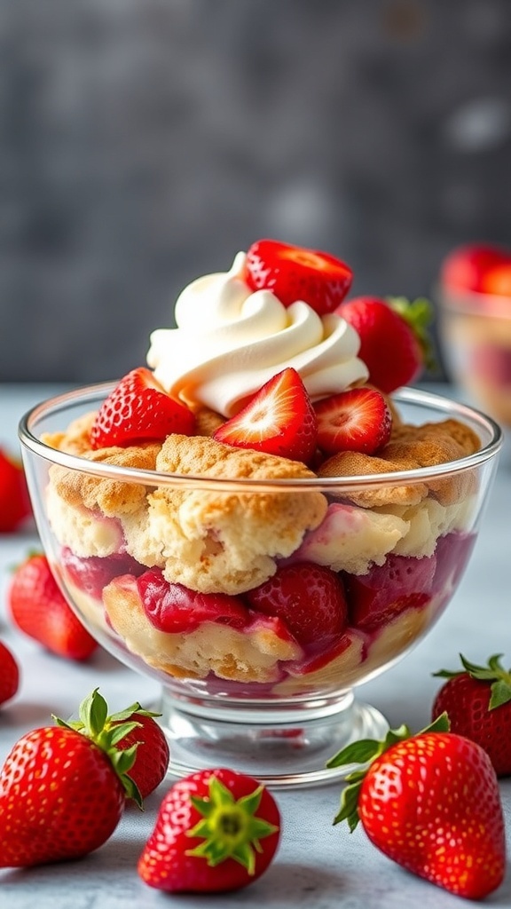 A bowl of strawberry shortcake bread pudding topped with whipped cream and fresh strawberries.