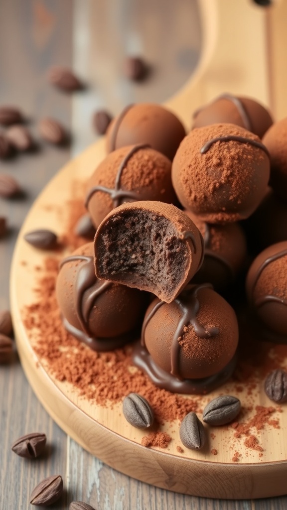 Chocolate avocado truffles arranged on a wooden platter with cocoa powder and coffee beans.